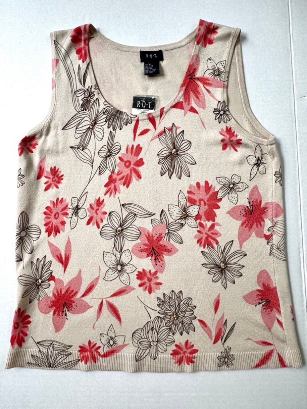 R.Q.T Vintage Women's Tank - Medium - Ivory & Floral Knit - Y2K Grandmacore NWT